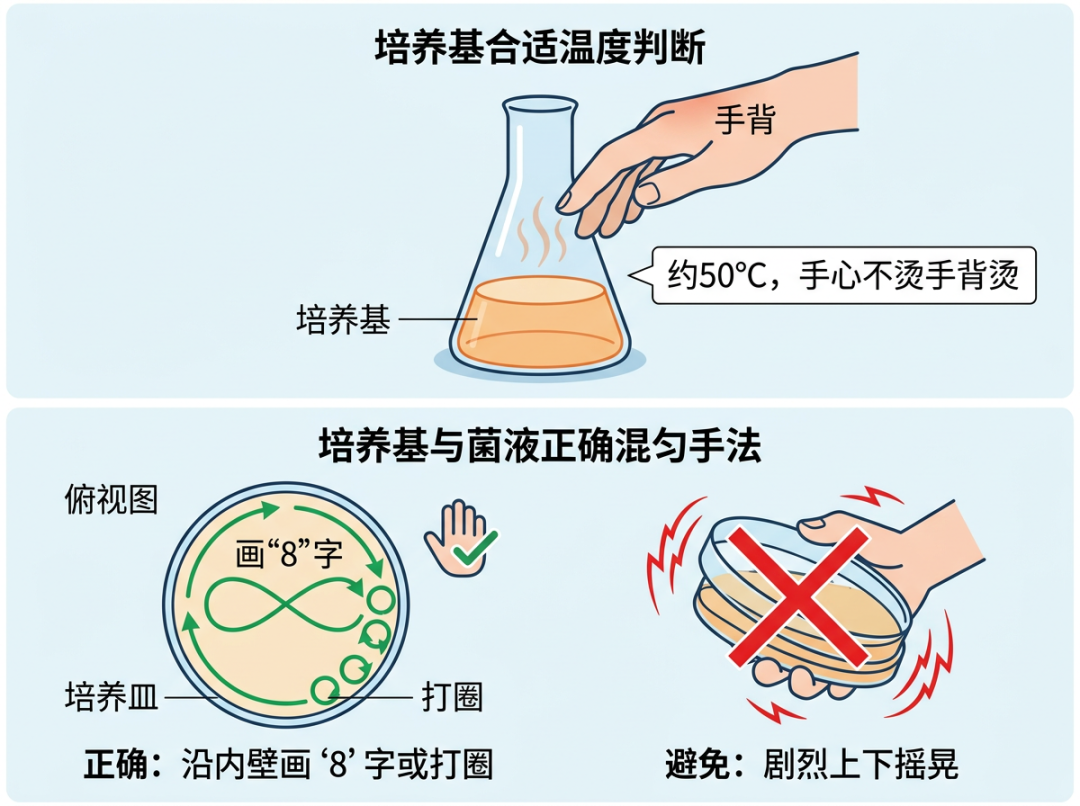 倾注平板法温度判断与混匀技巧示意图